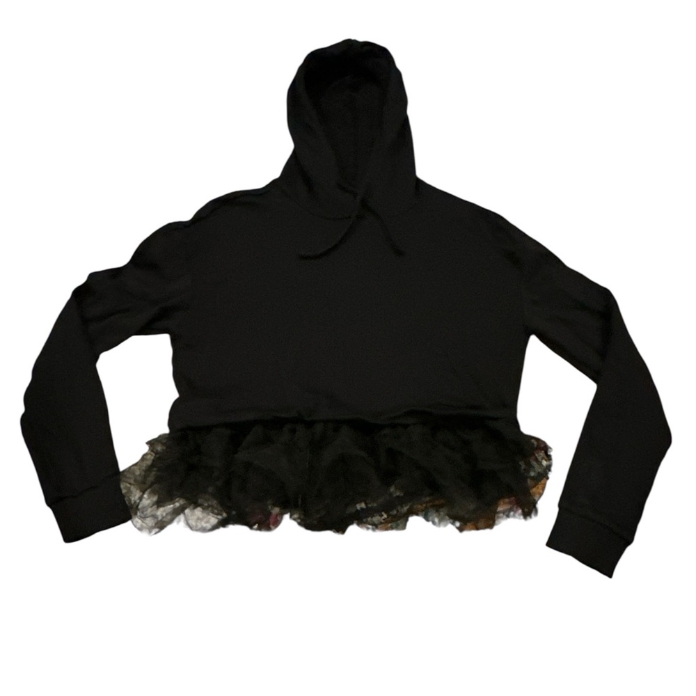 Anthropologie Black Hooded Sweatshirt with Tulle Hem - Picture 4 of 11